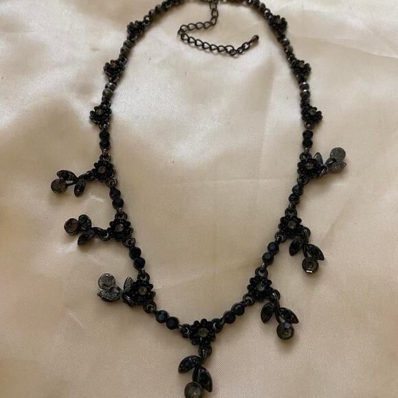Black Metal Floral & Cherries Necklace with Faceted Stone - Picture 1 of 8